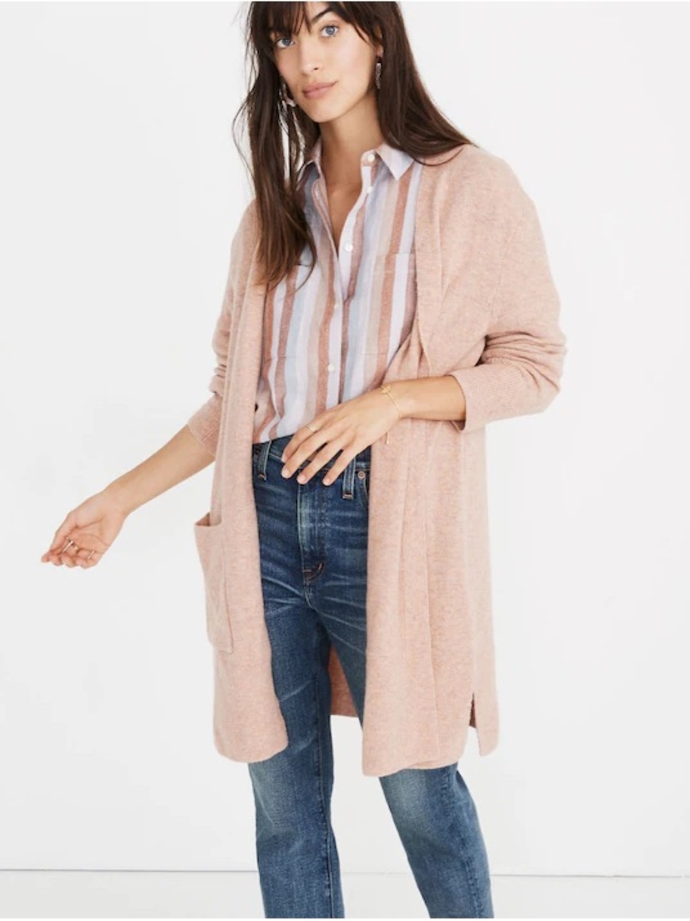 Madewell Kent Long Open-Front Cardigan in Dusty Pink
